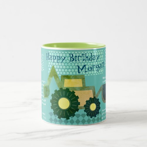 Cute Green Teal Blue Backhoe Vehicle Kids Boys Two_Tone Coffee Mug