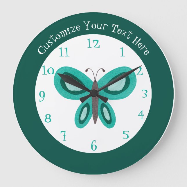 Cute Green Teal Butterfly Personalized Large Clock (Front)