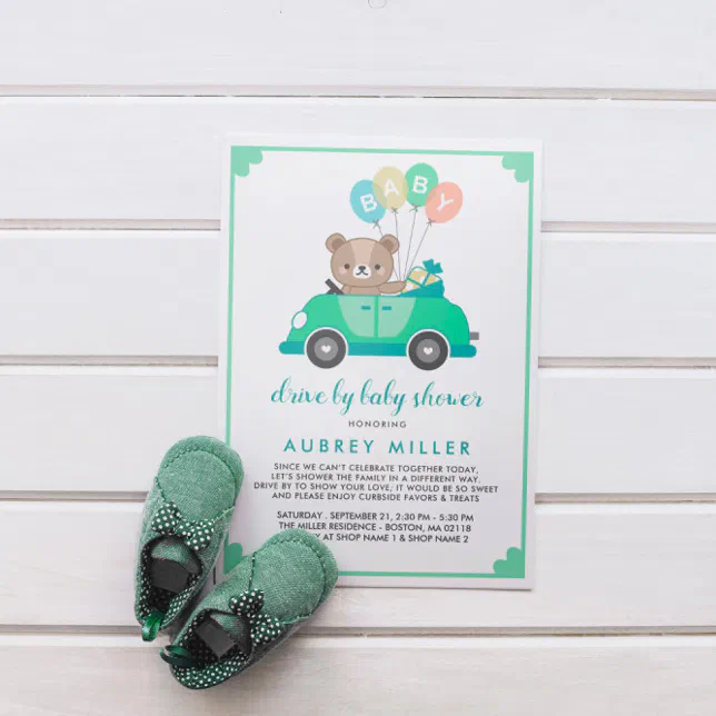 Cute Green Teddy Bear Drive By Baby Shower Invitation Zazzle