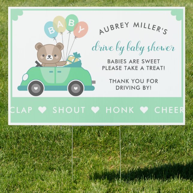 Cute Green Teddy Bear Drive By Baby Shower Sign (Insitu)