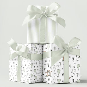 Cute Green Teddy Bear & Heart Gender Neutral Wrapping Paper Sheets