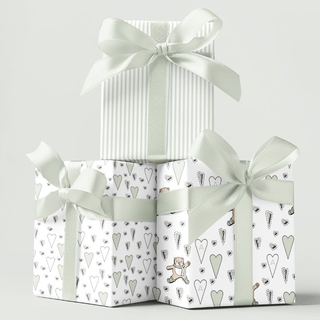 Cute Green Teddy Bear & Heart Gender Neutral Wrapping Paper Sheets (Cute Pastel Hand Drawn Sage Green Hearts, Green Stripes & Teddy Bears Baby Shower/New Baby Gift Wrap)