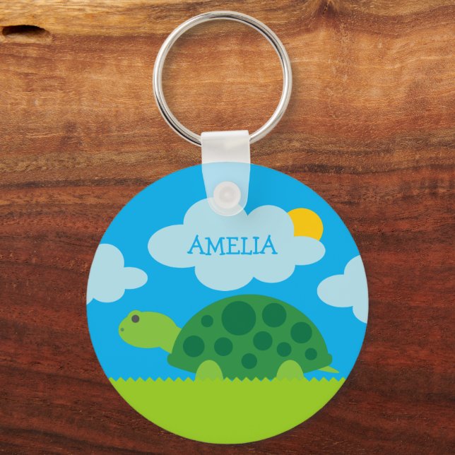 Cute green tortoise cartoon kid's keychain (Front)