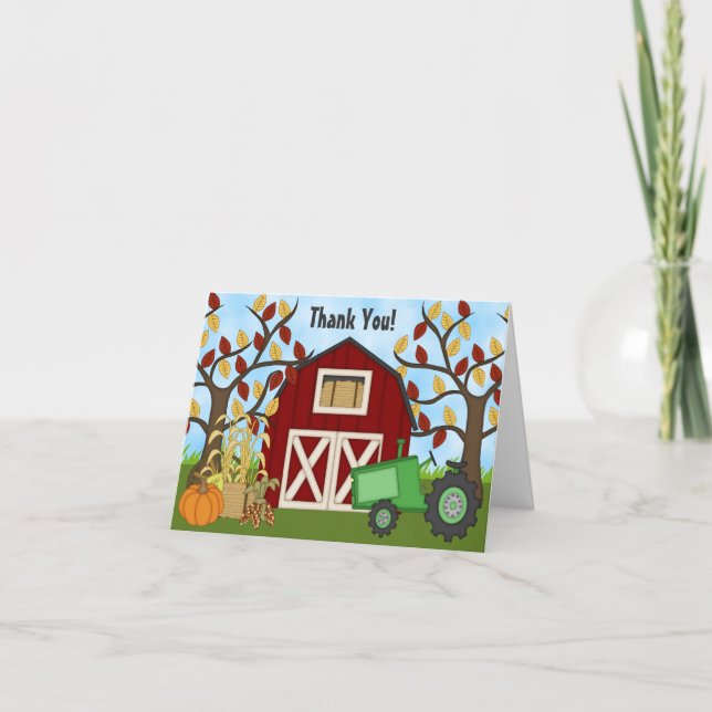 Cute Green Tractor and Barn Autumn Farm Thank You (Front)