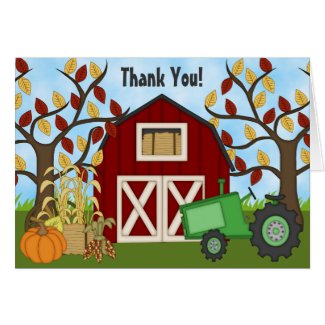 Cute Green Tractor and Barn Autumn Farm Thank You Card