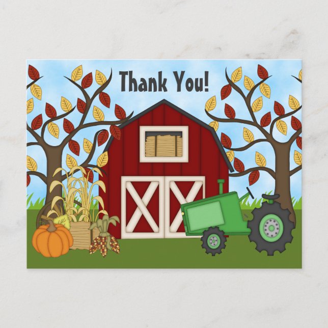 Cute Green Tractor and Barn Autumn Farm Thank You Postcard (Front)