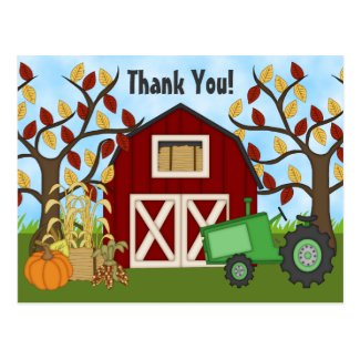 Cute Green Tractor and Barn Autumn Farm Thank You Postcard