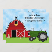 Cute Green Tractor and Red Barn Boys Farm Birthday Invitation (Front/Back)