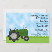 Cute Green Tractor and Red Barn Boys Farm Birthday Invitation (Back)