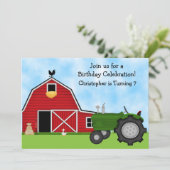 Cute Green Tractor and Red Barn Boys Farm Birthday Invitation (Standing Front)