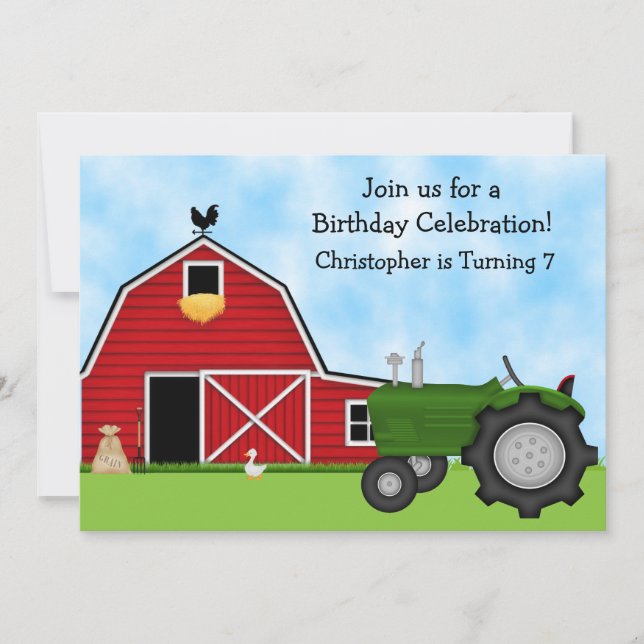 Cute Green Tractor and Red Barn Boys Farm Birthday Invitation (Front)
