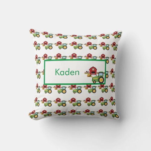 Cute green tractor and red barn personalized  throw pillow