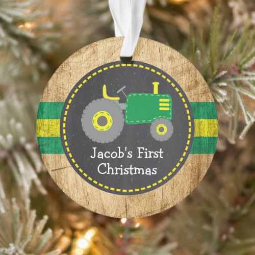 Cute Green Tractor Babys First Christmas Rustic Ornament