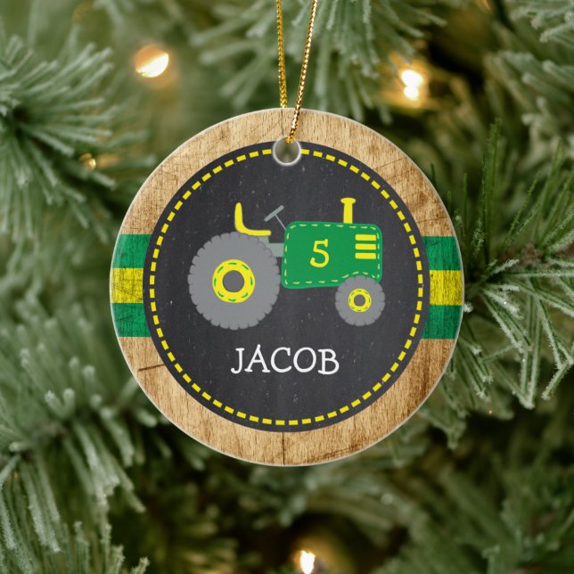 Cute Green Tractor Birthday Keepsake Faux Wood Ceramic Ornament (Tree)