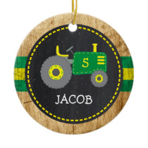 Cute Green Tractor Birthday Keepsake Faux Wood Ceramic Ornament