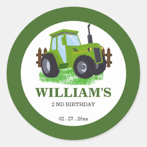 Cute Green Tractor Birthday Party  Classic Round Sticker