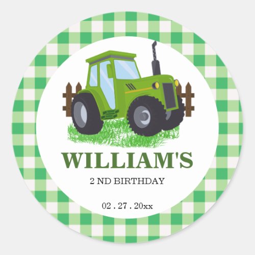 Cute Green Tractor Birthday Party  Classic Round Sticker