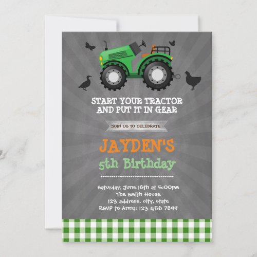 Cute green tractor birthday party invitation
