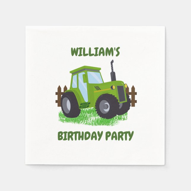 Cute Green Tractor Birthday Party  Napkins (Front)