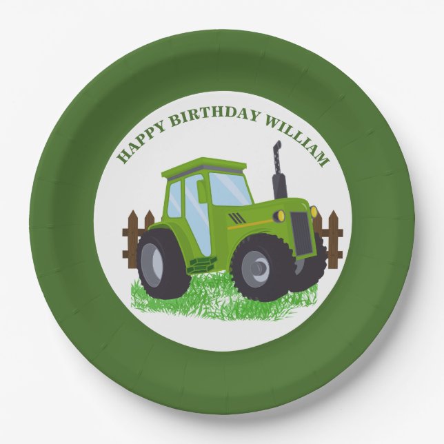 Cute Green Tractor Birthday Party  Paper Plates (Front)