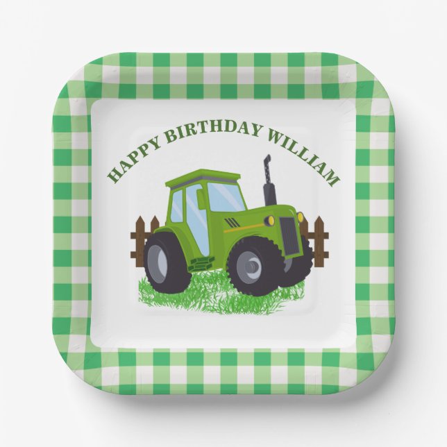 Cute Green Tractor Birthday Party  Paper Plates (Front)