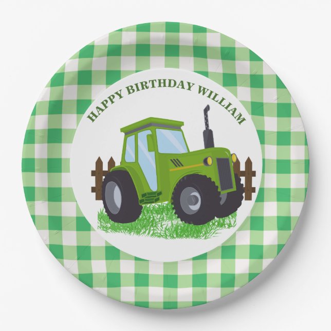 Cute Green Tractor Birthday Party  Paper Plates (Front)