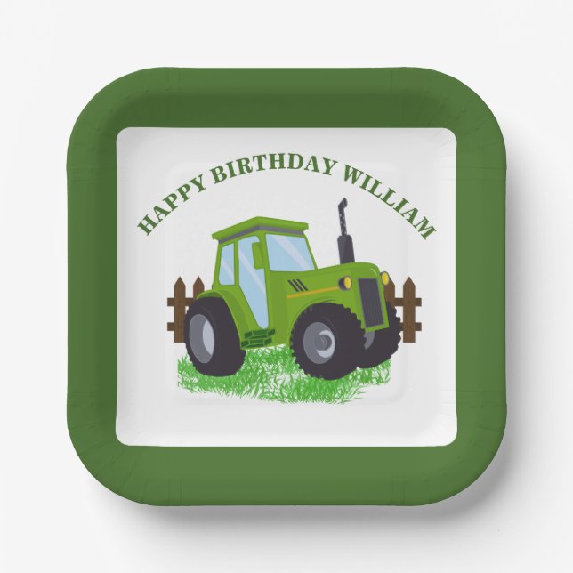 Cute Green Tractor Birthday Party  Paper Plates (Front)