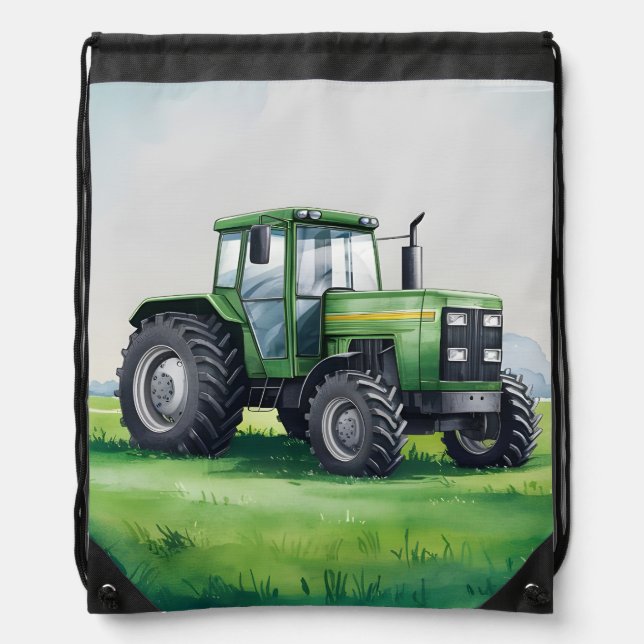 Cute Green Tractor Farm Watercolor Kids  Drawstring Bag (Front)