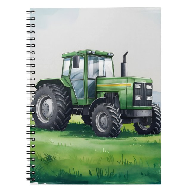 Cute Green Tractor Farm Watercolor Kids  Notebook (Front)