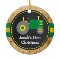 Cute Green Tractor First Christmas Faux Wood Ceramic Ornament