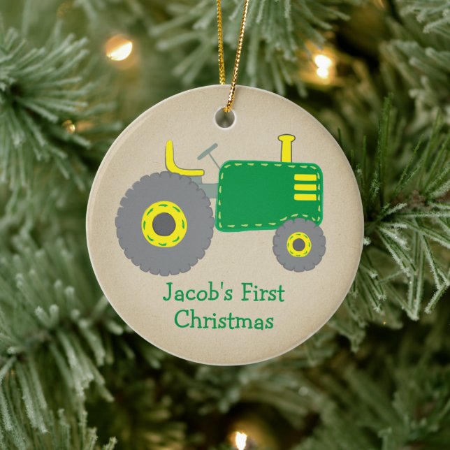 Cute Green Tractor First Christmas Kraft Photo Ceramic Ornament (Tree)