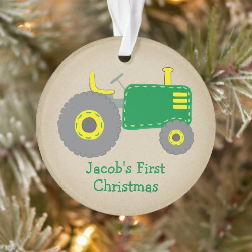 Cute Green Tractor First Christmas Kraft Photo Ornament