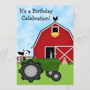 Cute Green Tractor, Red Barn and Cow Farm Birthday Invitation