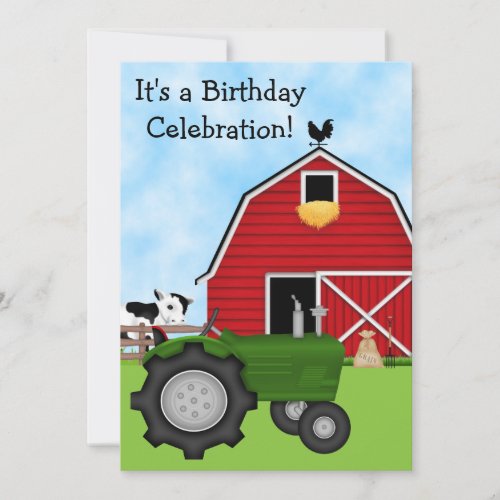 Cute Green Tractor Red Barn and Cow Farm Birthday Invitation