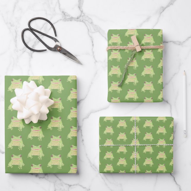 Cute Green Tree Frog - 3x transparent pattern.  Wrapping Paper Sheets (Front)