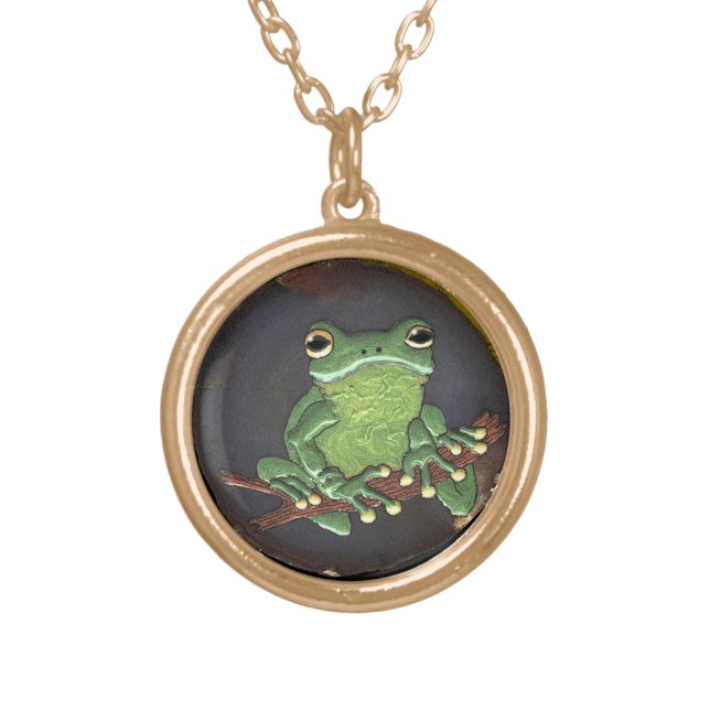 Cute Green Tree Frog Animal-lovers Gift Gold Plated Necklace (Front)