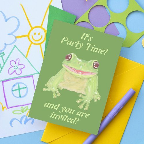 Cute Green Tree Frog _ birthday party full text Invitation