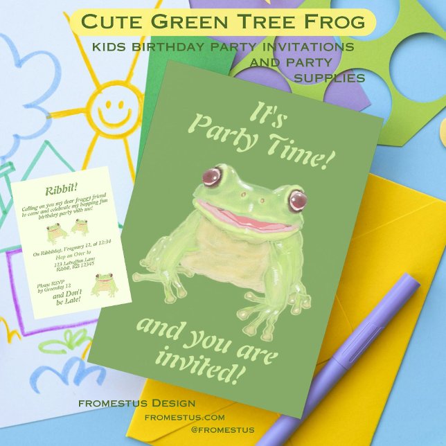 Cute Green Tree Frog - birthday party full text. Invitation (Creator Uploaded)
