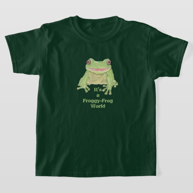 Cute Green Tree Frog - Froggy-Frog World text. T-Shirt (Laydown)