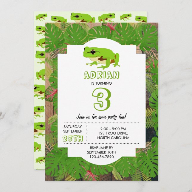 Cute Green Tree Frog Kids Birthday Party  Invitation (Front/Back)