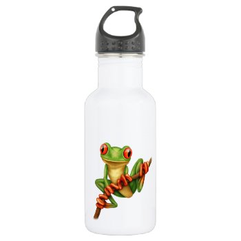 Cute Green Tree Frog On A Branch Stainless Steel Water Bottle by crazycreatures at Zazzle