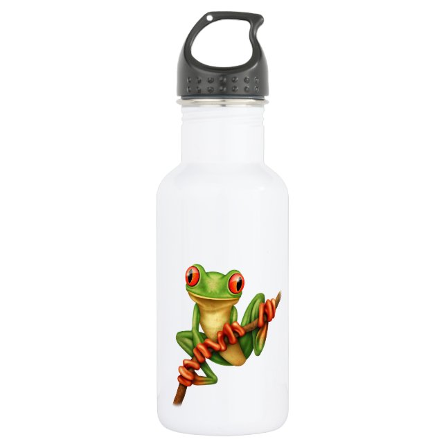 Cute Green Tree Frog on a Branch Stainless Steel Water Bottle (Front)