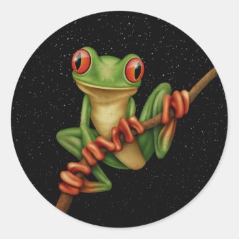Cute Green Tree Frog On A Branch With Stars Classic Round Sticker by crazycreatures at Zazzle