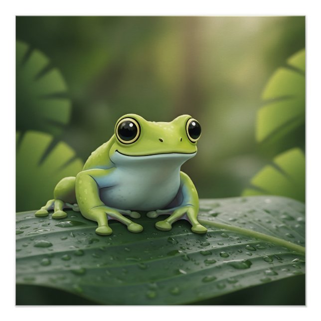 Cute Green Tree Frog on Leaf Poster (Front)
