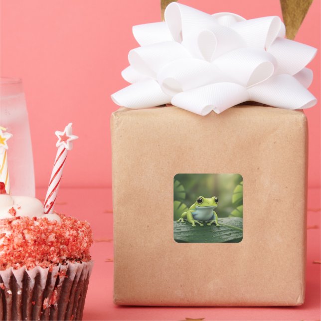 Cute Green Tree Frog on Leaf Square Sticker (Party)