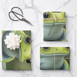Cute Green Tree Frog on Leaf Wrapping Paper Sheets