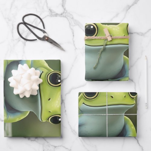 Cute Green Tree Frog on Leaf Wrapping Paper Sheets