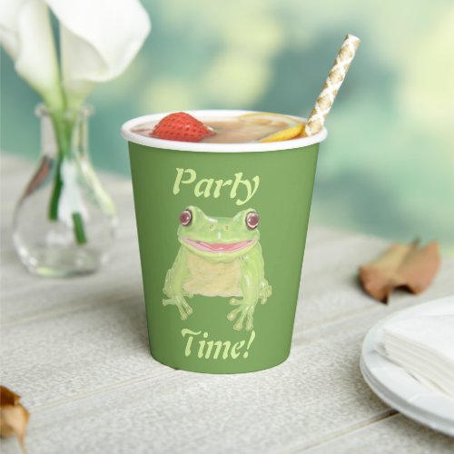 Cute Green Tree Frog _ Party Time text Paper Cups