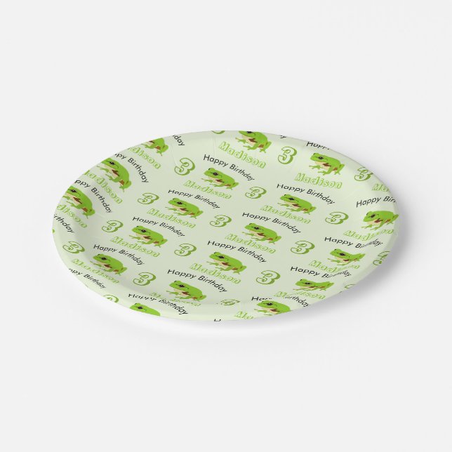 Cute Green Tree Frog Pattern Name Age Birthday  Paper Plates (Angled)