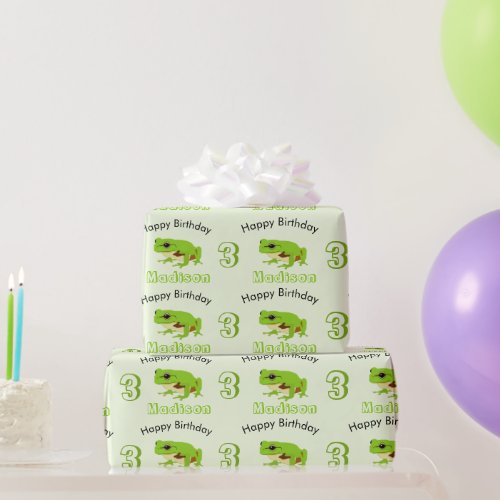 Cute Green Tree Frog Pattern Name Age Birthday  Wrapping Paper